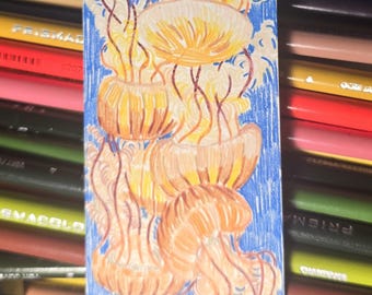 Group of Jellyfish Bookmark Art Original Hand Drawn Colored Pencil Fish Swimming Underwater Bookmark with Plastic Sleeve