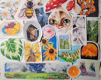 Assorted Hand Drawn Stickers Cute Animal Landscape Plant Sticker Original Art on Stickers