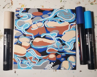 River Paint Marker Drawing on Canvas Board Original Stream Waterway Illustration