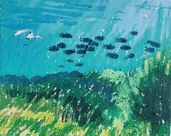 Pastel à l'huile de jonc de mer Dessin Original Art mural de paysage sous-marin