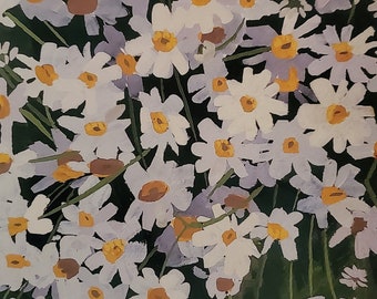 May include: A watercolor painting of a field of white daisies with yellow centers. The flowers are painted in a loose, impressionistic style, with the petals overlapping and creating a sense of depth. The background is a dark green, which contrasts with the bright white of the flowers.