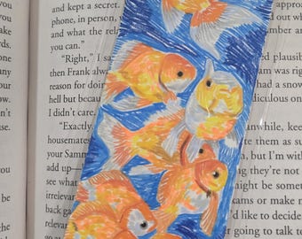School of Goldfish Bookmark Drawing Original Hand Drawn Colored Pencil Animal Art with Plastic Sleeve