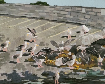 Seagulls Sitting on Trash Gouache Painting Original Unique Wall Art