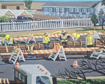 Road Work Construction Site with Workers in Los Angeles Original Hand Painted Urban Outdoors Acrylic Painting on Stretched Canvas