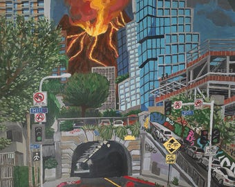Street View of Construction Site in City with Volcanic Eruption Acrylic Painting on Paper with Borders