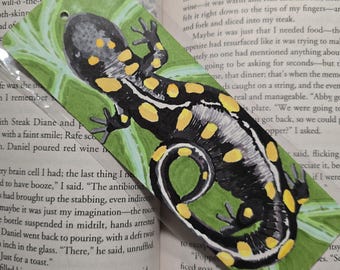 Yellow and Black Salamander on a Leaf Drawing Original Alcohol Marker Illustration on Paper Bookmark with Plastic Sleeve
