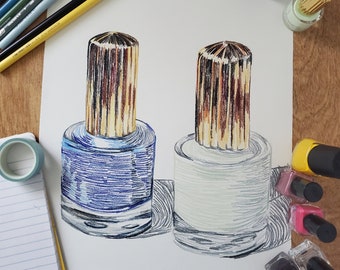 Vernis à ongles pour salon, crayons de couleur, 9 x 12, vanité, art mural, cadeau, maquillage, nature morte, dessin, illustration contemporaine, maquillage, chambre, mur, décoration