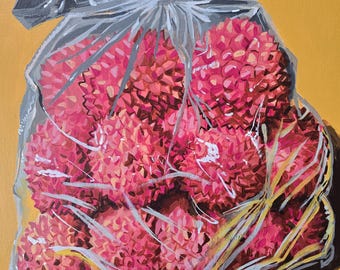 Lychee Fruit Still Life in Clear Plastic Bag Original Acrylic Painting on Canvas Panel