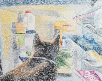 Halbrealistische Katze die in den Kühlschrank schaut Buntstift Zeichnung Original surreales Tier Wandkunst
