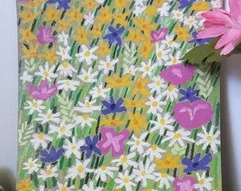 Floral Oil Pastel Art Flower Field Valley Colorful Illustration Small Wall Decor Cute Wall Art