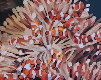 May include: A painting of a group of orange and white clownfish swimming in a coral reef. The fish are surrounded by brown and beige coral. The painting is titled "Clownfish Round" and signed by the artist "Engracia Rodriguez Art".