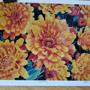 Dibujo al óleo pastel de crisantemos anaranjados, flor floreciente, impresión artística en tamaño carta mate, ilustración floral detallada y colorida