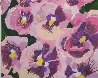 Purple Flowers Original Gouache Painting on Paper Small Floral Wall Art