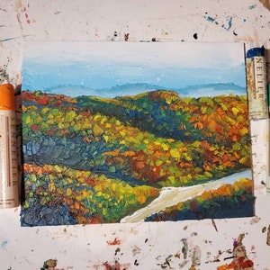 Mountains in Autumn Palette Knife Oil Painting Small Colorful Original Scenic Wall Art