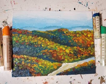 Mountains in Autumn Palette Knife Oil Painting Small Colorful Original Scenic Wall Art