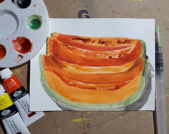 Pintura abstracta de acuarela suelta de melón, fruta, pequeña, colorida, sencilla, para cocina, comedor, decoración de pared contemporánea