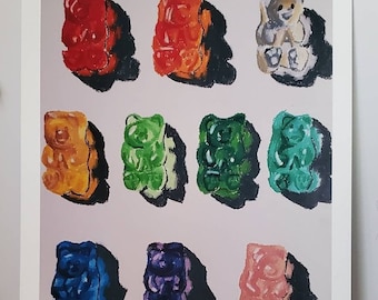 May include: A colourful painting of gummy bears in the shape of bears. The bears are arranged in a grid pattern and are painted in shades of red, orange, yellow, green, blue, and pink.