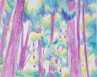 Foresta Pyschedelic Colorato Arte a matita Originale Trippy Colorato Paesaggio Vivido Wall Art