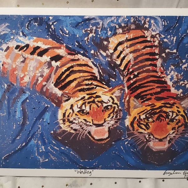 Oil Pastel Tigers Swimming Art Print Original Feline Crayon Illustration Large Cat Medium Wall Art