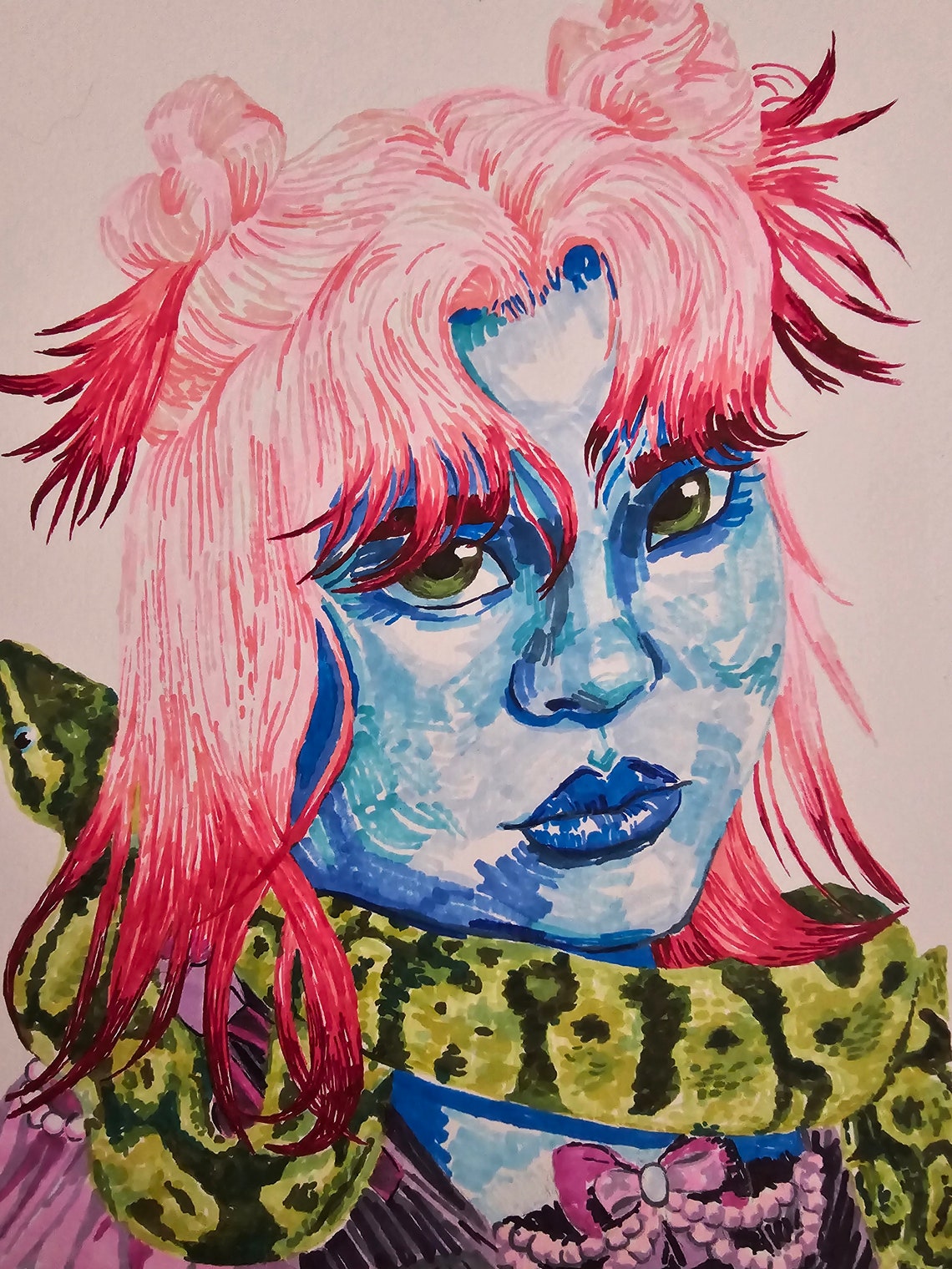 Snake Alien Girl Portrait Drawing Original Abstract Colorful Marker Ink ...