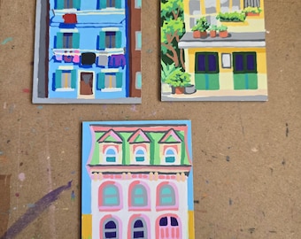 Cute Small Houses Paint Marker Drawing on Artboard Original Colorful Buildings Tiny Tile Hand Drawn Wall Art