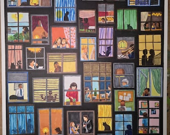 People's Windows Grid Alcohol Marker Sonder Illustration on Paper with Borders Colorful Urban Wall Art