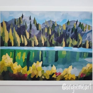 May include: A painting depicting a lake scene with a mountain range in the background. The lake is a bright blue-green colour and the mountains are a dark purple-grey. There are yellow flowers in the foreground.
