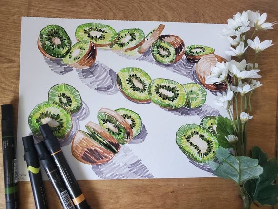 Abstract Kiwi Marker Drawing Original Fruit Still Life Ink