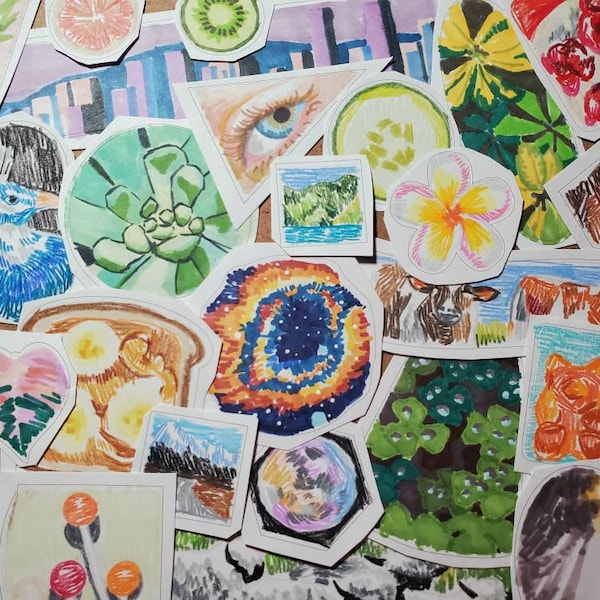 Assorted Hand Drawn Stickers Cute Animal Landscape Plant Sticker Food Original Art on Stickers Small Sticker Art