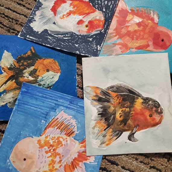 金魚の絵画イラスト 6 x 6 小さな魚 オイルパステルマーカー 水彩