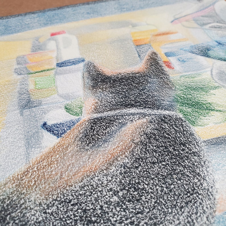 Semi Realistic Cat Looking in Fridge Colored Pencil Drawing Original Surreal Animal Wall Art image 3