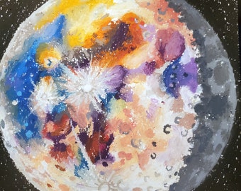Moon Oil Pastel Illustration Original Space Drawing Wall Art on Paper