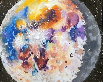 Moon Oil Pastel Illustration Original Space Drawing Wall Art on Paper