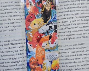 Swimming Koi Fish Drawing on Bookmark Original Hand Drawn Paint Marker Illustration Bookmark with Clear Plastic Sleeve