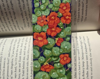 Orange Red Nasturtiums Floral Drawing on Bookmark Original Hand Drawn Alcohol Marker Illustration Bookmark with Plastic Sleeve