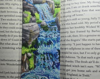 Waterfall in a Forest Drawing Alcohol Marker Illustration on Paper Bookmark with Clear Plastic Sleeve