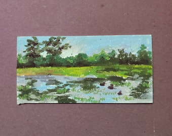 Petit paysage pastel à l’huile dessinant une illustration originale de paysage