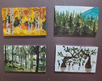 Tiny Custom Painted Forest Magnet Paintings Original Magnetic Landscape Acrylic Paintings