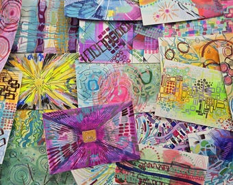 Abstract Geometric Mixed Media Paintings on Postcard Paper Small Original Wall Art Marker Watercolor Acrylic Colored Pencil Illustrations