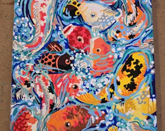Koi Fish Splashing in Water Original Illustration on Artboard Cute  Wall Art
