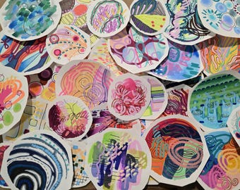 Abstract Mixed Media Art on Stickers Original Geometric Drawings on Circle Matte Sticker Paper Perfect for Scrap Booking and Journaling