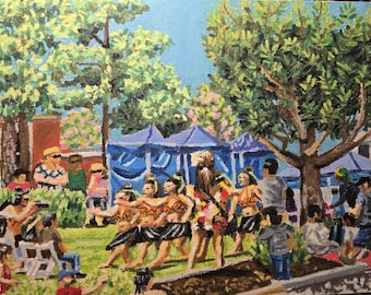 Bailarines actuando para el público. Dibujo original al óleo pastel sobre lienzo, realizado al aire libre. Artistas impresionistas en el parque. Arte mural abstracto.