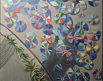 Discs DVDs Wall Art Original CDs Acrylic Painting on Stretched Canvas Colorful Litter Art