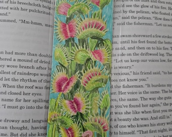 Venus Fly Trap Plant Drawing on Bookmark Original Hand Drawn Colored Pencil Illustration Bookmark with Plastic Sleeve