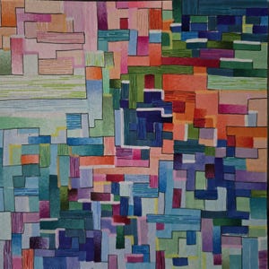 May include: Abstract artwork featuring a colorful geometric design. The composition is made up of various rectangular and square shapes in shades of pink, blue, green, orange, and purple. The artwork has a hand-drawn appearance with visible pencil strokes.