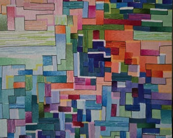 Cubist Mixed Media Abstract Illustration on Paper Original Colorful Marker and Colored Pencil Drawing Small Geometric Wall Art