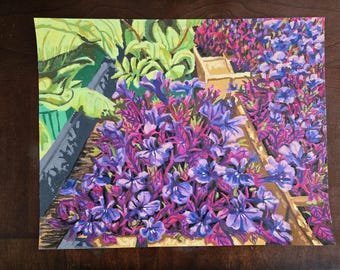 Lobelias Flower Oil Pastel Drawing Original Purple Floral Illustration on Paper Hand Drawn Wall Art