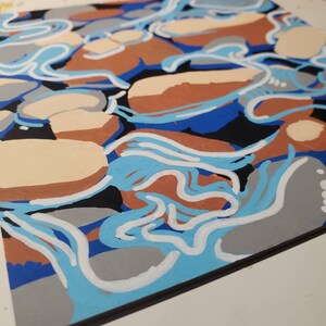 May include: Abstract painting with a swirling pattern of blue, white, brown, and gray paint. The painting has a textured surface and a modern style.