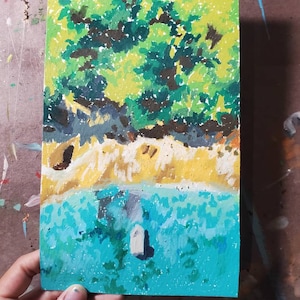 Oil Pastel Beach Drawing Island Aerial View with Forest and Boat Illustration Colorful Original Tropical Paradise Small Wall Art