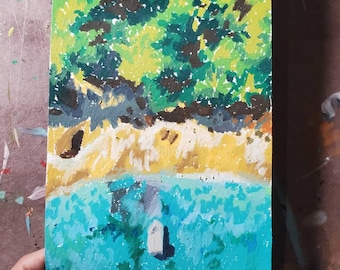 Dibujo al óleo pastel de playa Vista aérea de la isla con bosque y barco Ilustración colorida original Paraíso tropical Arte de pared pequeño